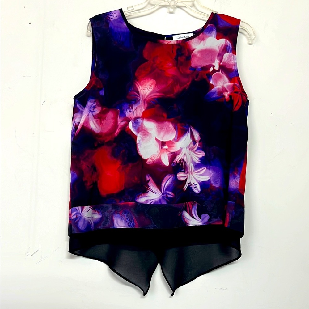 🌞 Calvin Klein Floral Sleeveless shirt purple & pink on black crew neck women L